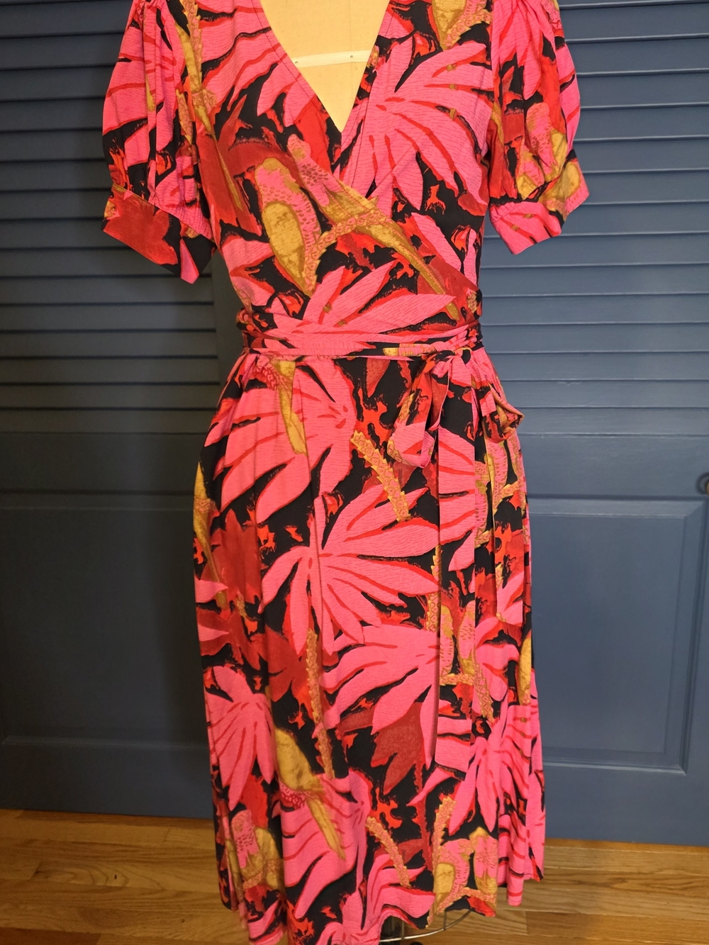 J. Crew Hot Pink & Black Tropical Wrap Dress with Gold Accents